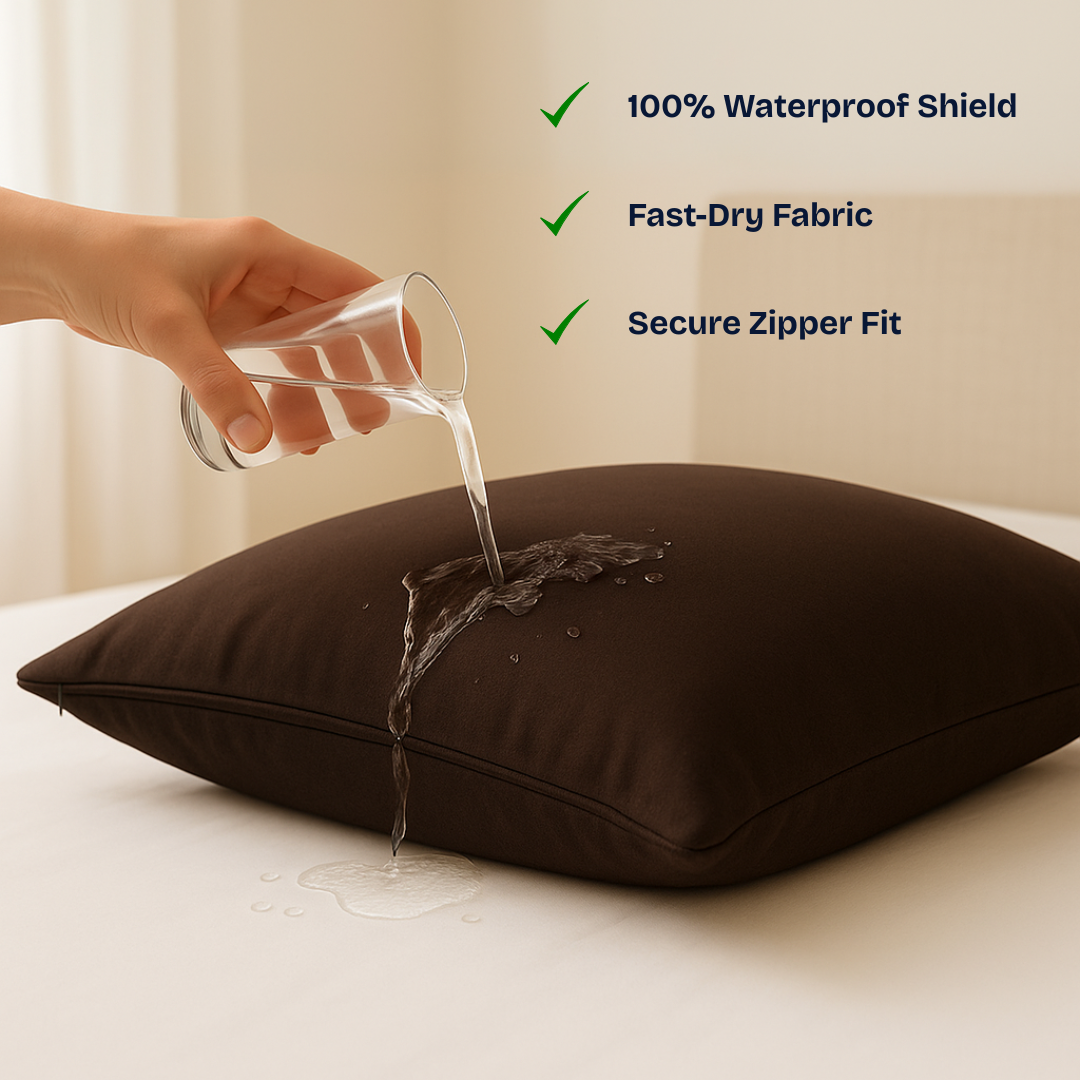A dark brown pillow with a clear glass of water being poured on top to demonstrate its waterproof feature. The image includes text overlays highlighting key product benefits: '100% Waterproof Shield', 'Fast-Dry Fabric', and 'Secure Zipper Fit'.