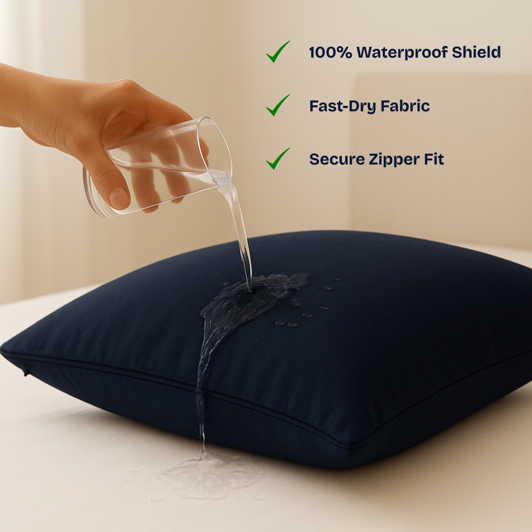 A navy blue pillow with a hand pouring water from a glass to demonstrate its waterproof feature. Green text on the right lists product benefits: '100% Waterproof Shield', 'Fast-Dry Fabric', and 'Secure Zipper Fit'.