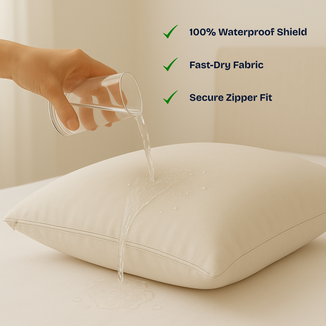 A cream-colored pillow on a bed with a hand pouring water from a glass to demonstrate its waterproof feature. Text on the right lists product benefits: '100% Waterproof Shield', 'Fast-Dry Fabric', and 'Secure Zipper Fit'.