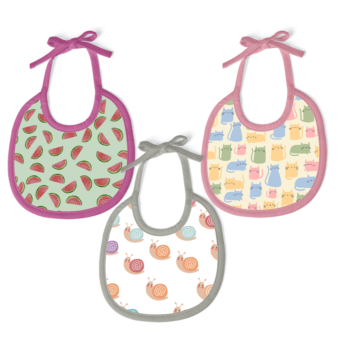 Watermelon, Snail & Cat Print Baby Bibs (Pack of 3)