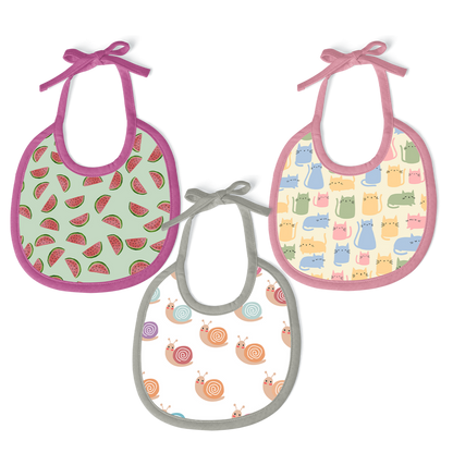 Watermelon, Snail & Cat Print Baby Bibs (Pack of 3)