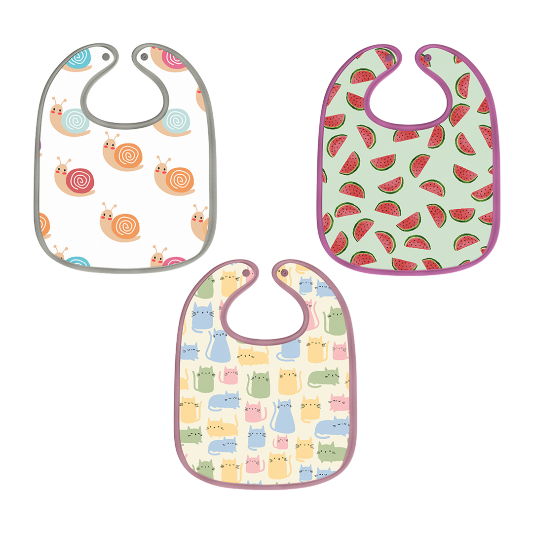 Watermelon, Snail & Cat Print Baby Bibs (Pack of 3)