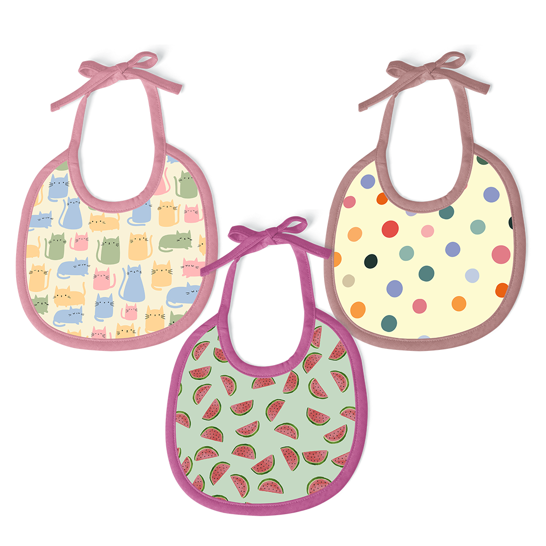 Polka Dot, Watermelon & Cat Print Baby Bibs (Pack of 3)