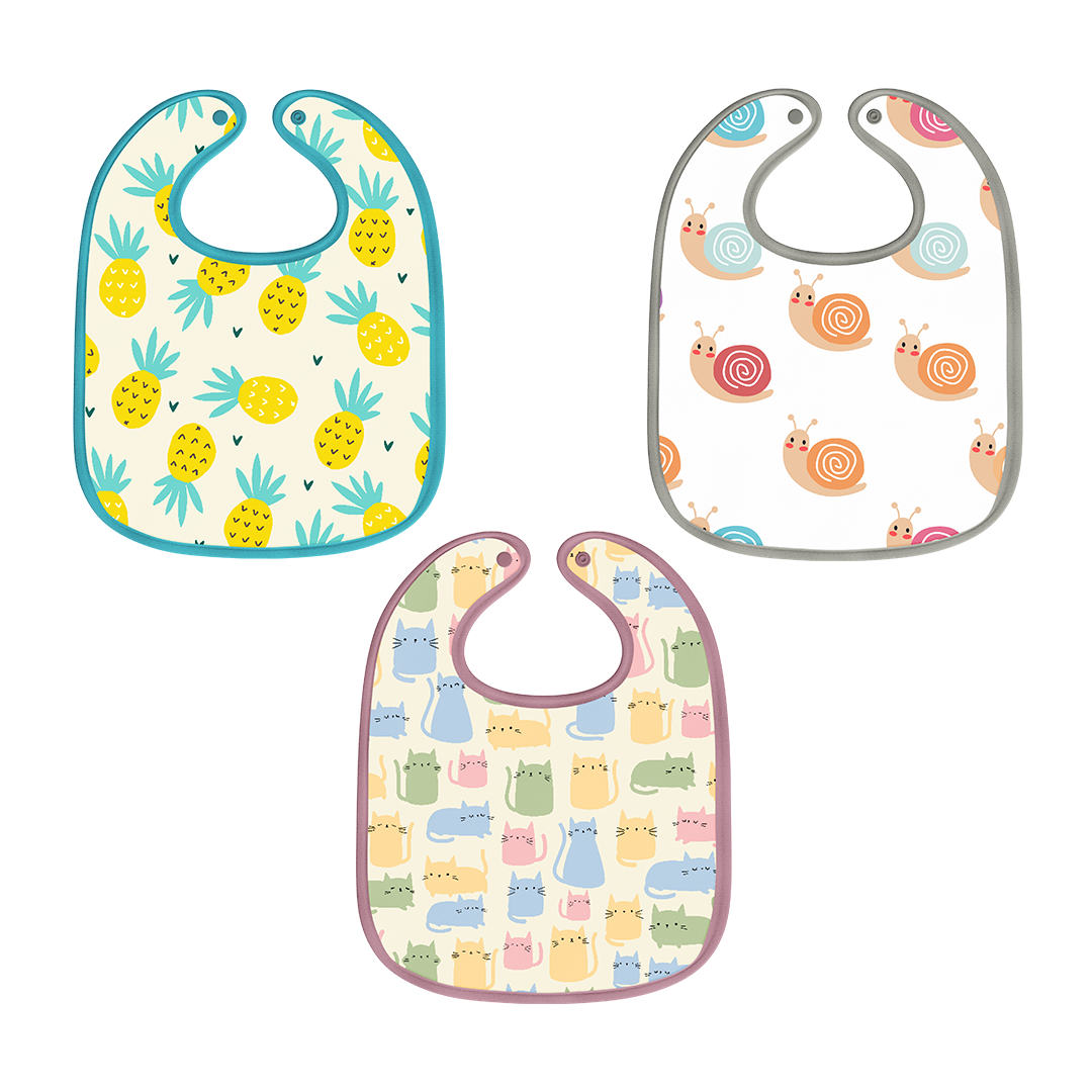 Pineapple, Snail & Cat Print Baby Bibs Large (Pack of 3)