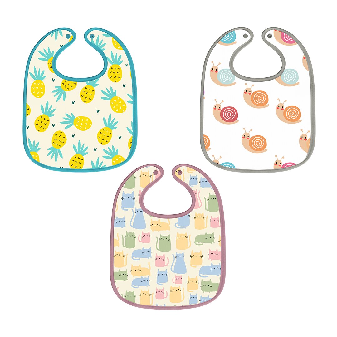 Pineapple, Snail & Cat Print Baby Bibs Medium (Pack of 3)