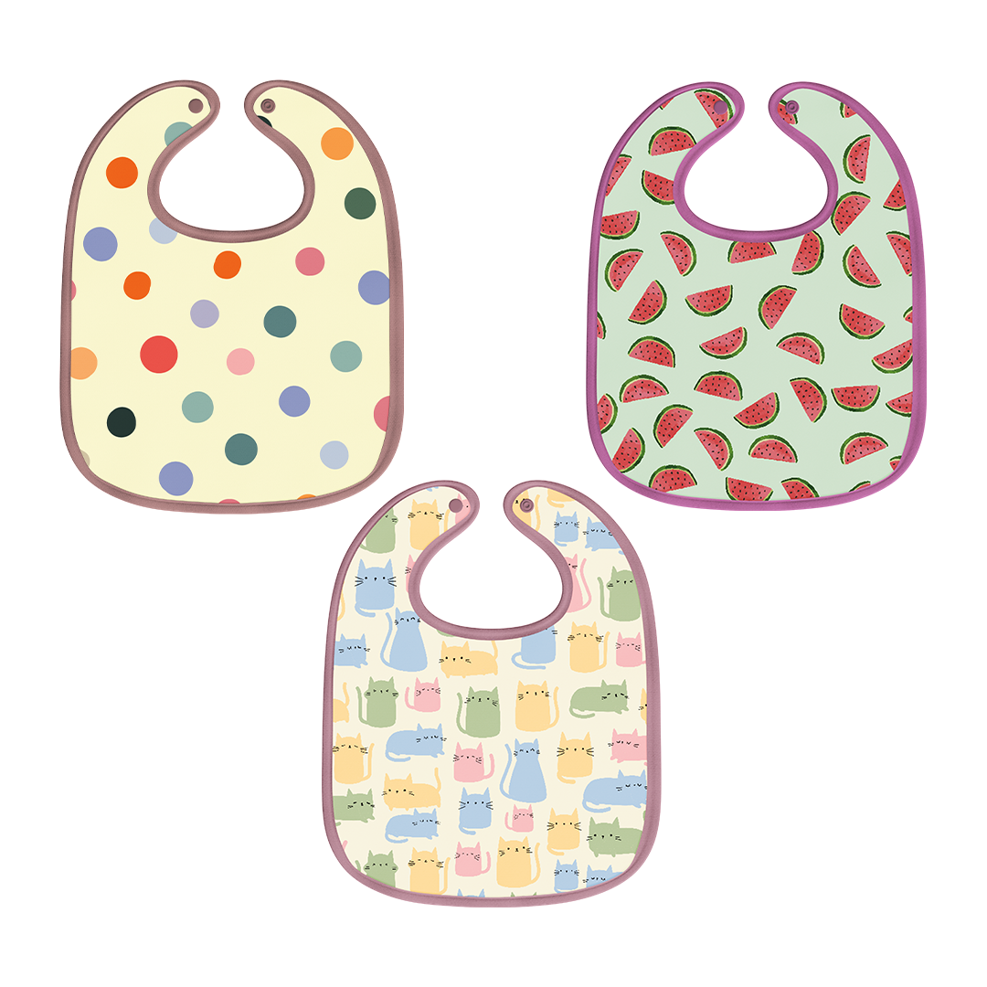 Polka Dot, Watermelon & Cat Print Baby Bibs (Pack of 3)