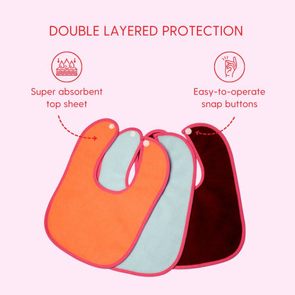 Peach + Sky Blue + Maroon - Absorbent Bibs Large (Pack of 3)