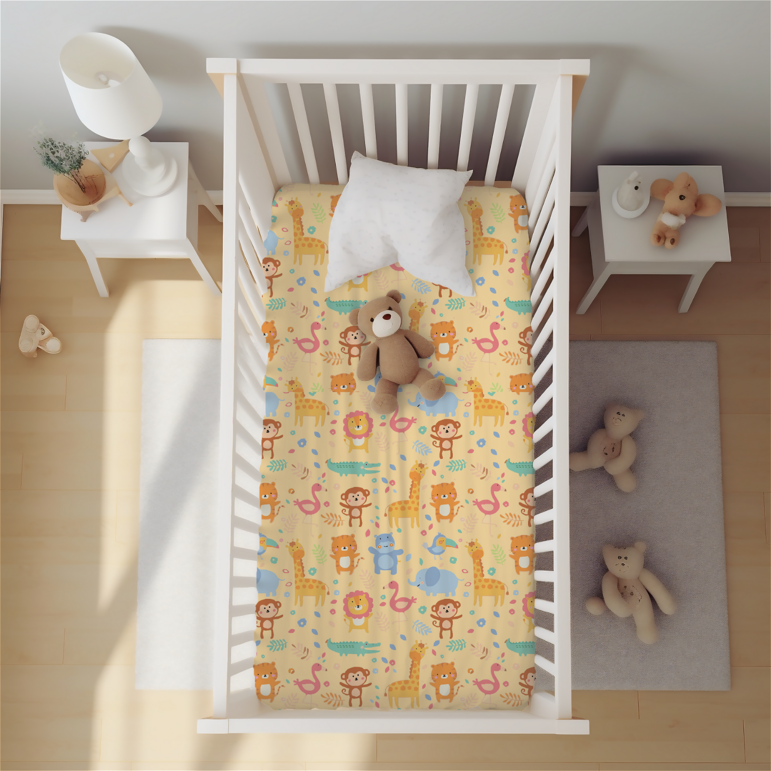 Baby Crib and printed crib sheets in a room 