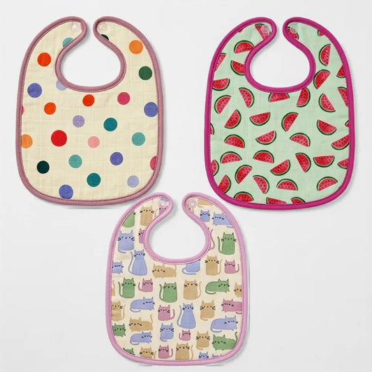 Polka Dot, Watermelon & Cat Print Baby Bibs Large (Pack of 3)