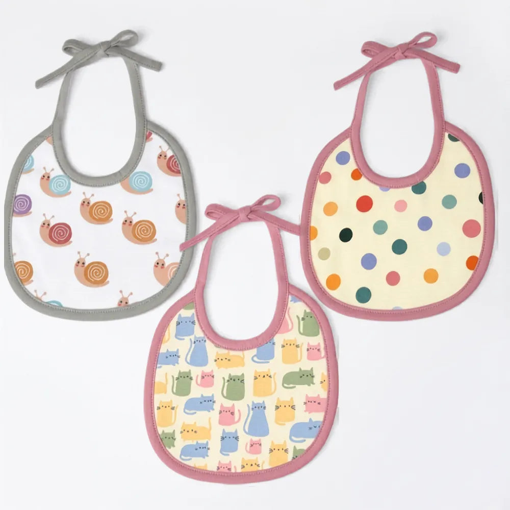 Polka dots, Snail & Cat Print Baby Bibs Medium (Pack of 3)