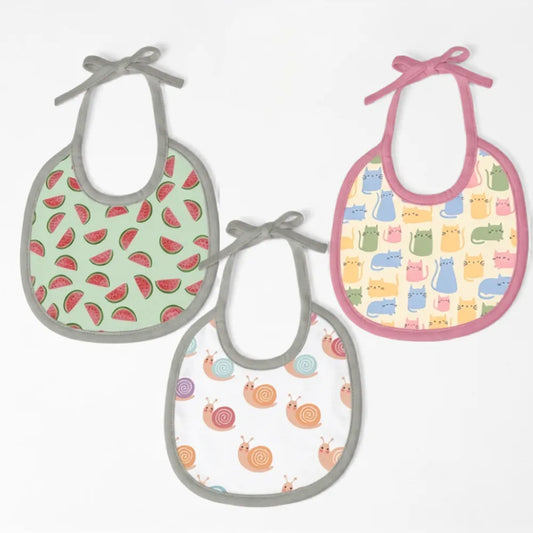 Watermelon, Snail & Cat Print Baby Bibs Medium (Pack of 3)