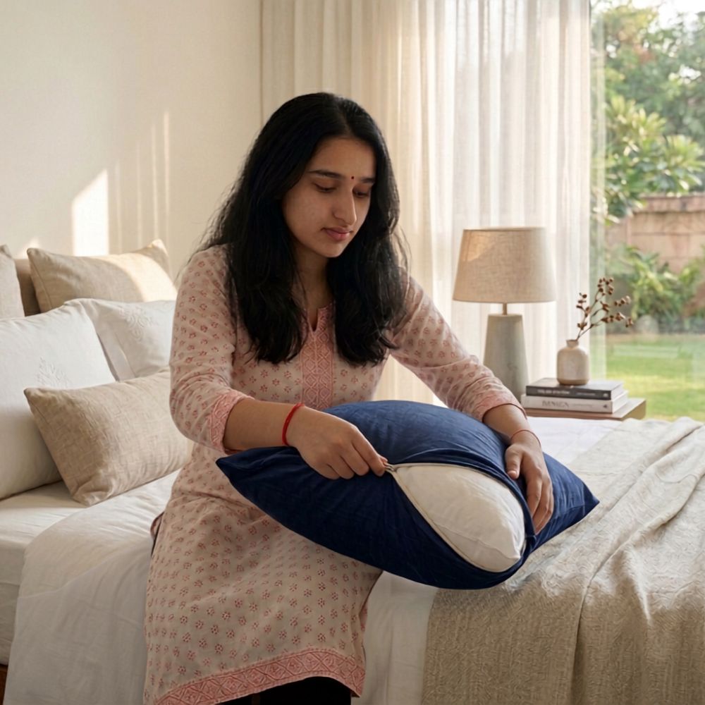 A woman sits on a bed in a softly lit bedroom, holding a navy blue and white pillow. The room has neutral beige bedding, a bedside lamp, and a window with sheer curtains and outdoor greenery visible.