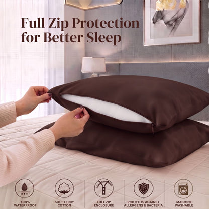 A person's hands are shown pulling open a dark brown zippered pillow cover on a bed, revealing a white inner layer. The image includes marketing text 'Full Zip Protection for Better Sleep' and a feature icon row at the bottom.