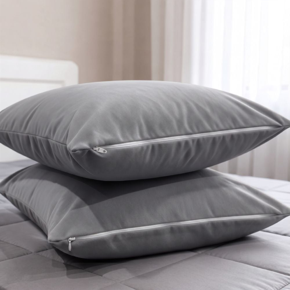 Two gray pillowcases stacked on a gray quilted bedspread in a softly lit bedroom setting.