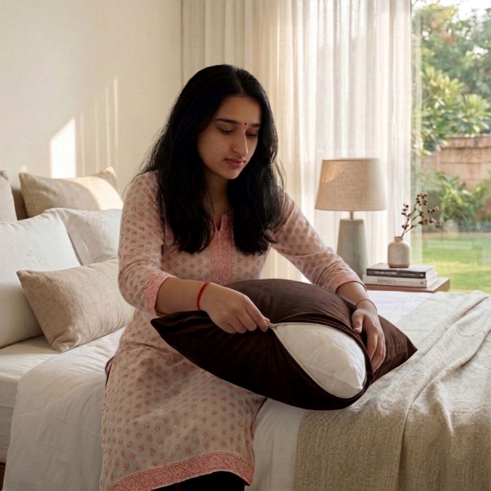 A woman sits on a bed in a bright bedroom, holding a dark brown and white pillow. She is wearing a light pink patterned kurta.