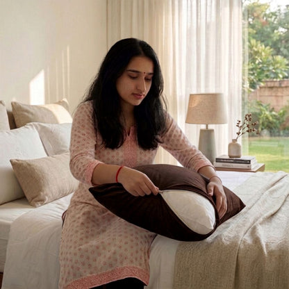 A woman sits on a bed in a bright bedroom, holding a dark brown and white pillow. She is wearing a light pink patterned kurta.