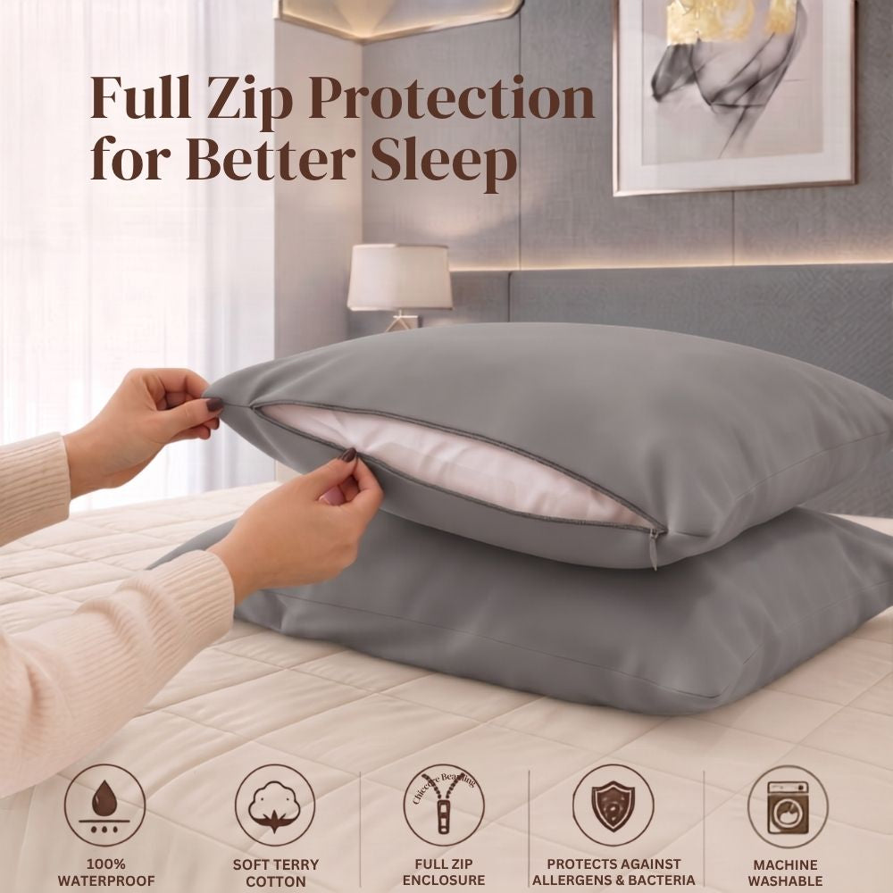 A gray pillowcase with a full zip closure being opened by two hands, shown on a bed in a bedroom setting. The image includes marketing text reading 'Full Zip Protection for Better Sleep' and a row of feature icons at the bottom highlighting waterproof, cotton, zipper, allergy protection, and washable properties.