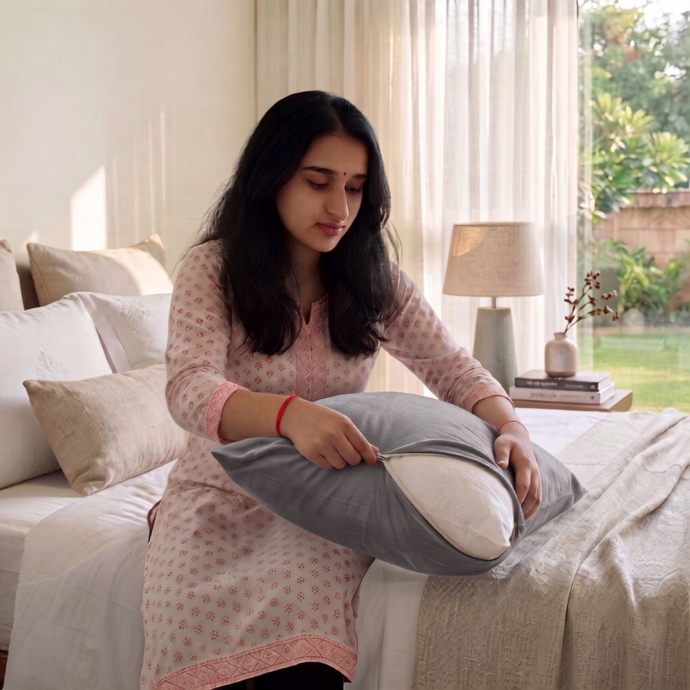 A woman in a light pink patterned kurta sits on a bed holding a gray and white zippered pillow in a bright, modern bedroom.
