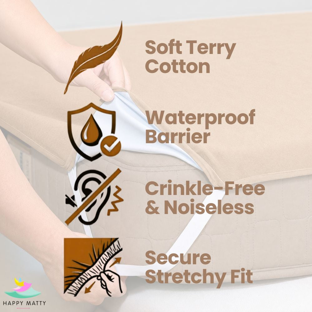 Happy Matty Camel Elastic Waterproof Terry Cotton Mattress Protector with Soft Terry Cotton, Waterproof Barrier, Noiseless Design and Deep Elastic Fit