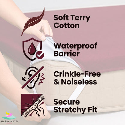 Happy Matty Maroon Elastic Waterproof Terry Cotton Mattress Protector with Soft Terry Cotton, Waterproof Barrier, Noiseless Design and Deep Elastic Fit