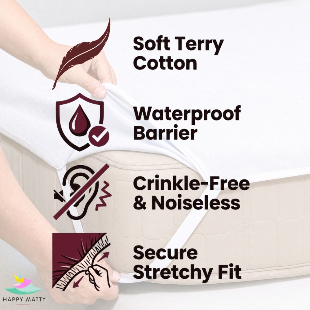 Happy Matty White Elastic Waterproof Terry Cotton Mattress Protector with Soft Terry Cotton, Waterproof Barrier, Noiseless Design and Deep Elastic Fit