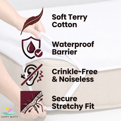 Happy Matty White Elastic Waterproof Terry Cotton Mattress Protector with Soft Terry Cotton, Waterproof Barrier, Noiseless Design and Deep Elastic Fit