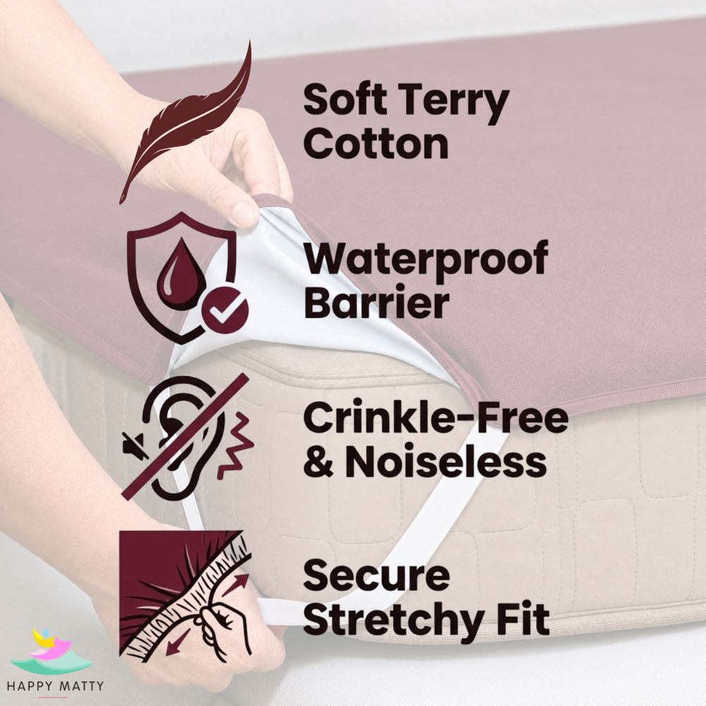 Happy Matty Dark Brown Elastic Waterproof Terry Cotton Mattress Protector with Soft Terry Cotton, Waterproof Barrier, Noiseless Design and Deep Elastic Fit