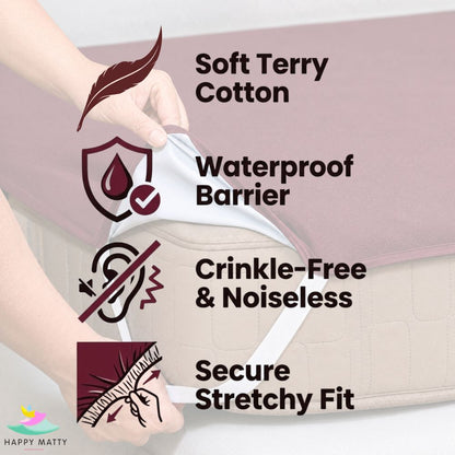 Happy Matty Dark Brown Elastic Waterproof Terry Cotton Mattress Protector with Soft Terry Cotton, Waterproof Barrier, Noiseless Design and Deep Elastic Fit