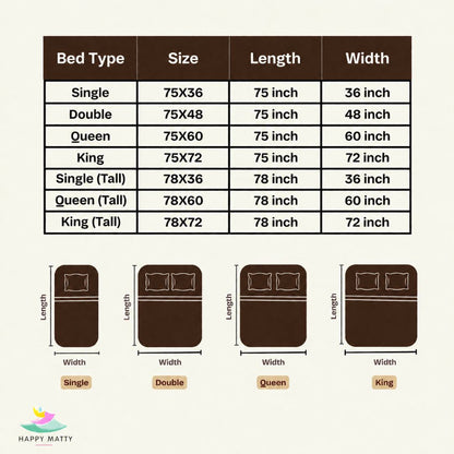 Happy Matty Dark Brown Waterproof Mattress Protector Size Chart for Single, Double, Queen and King Beds