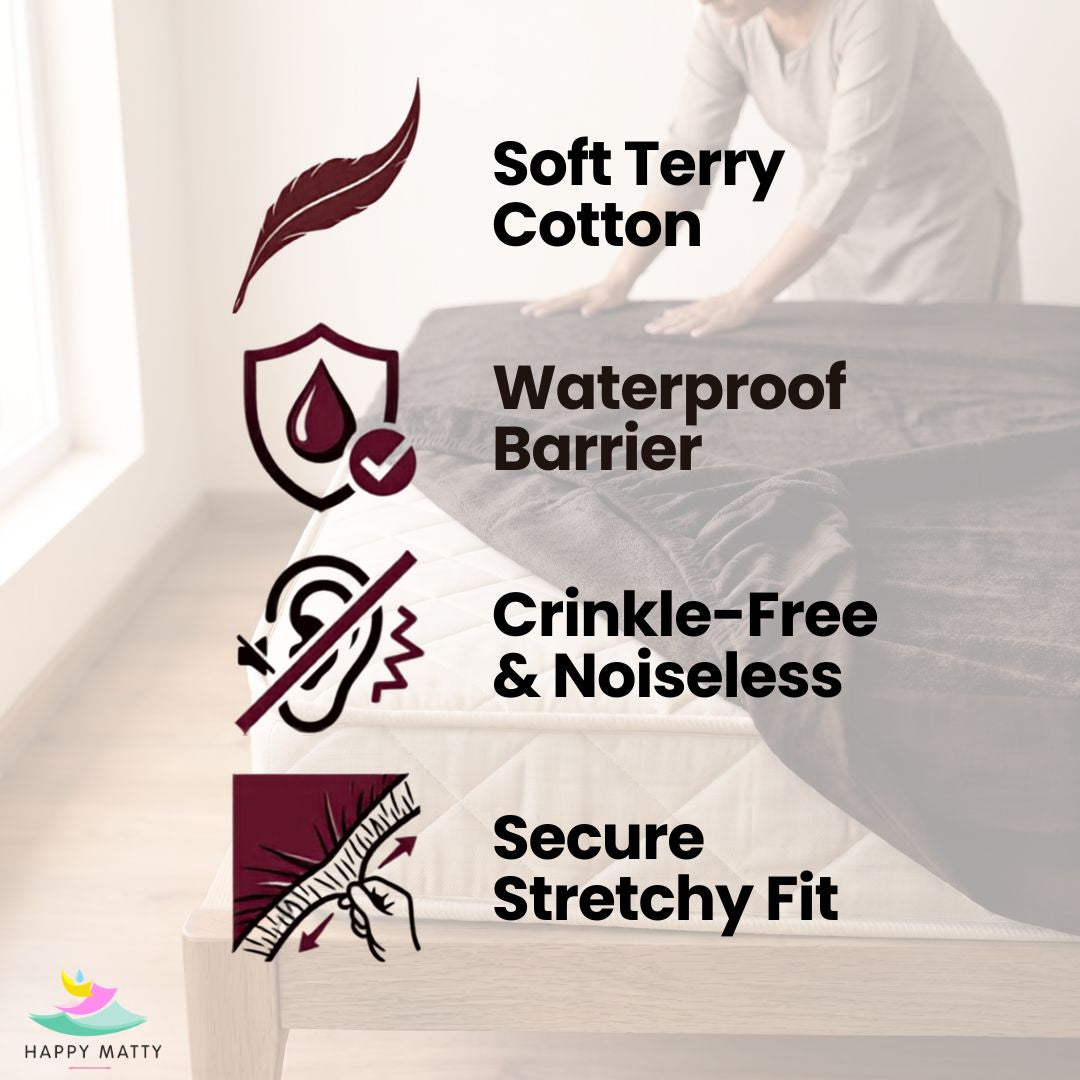 Happy Matty Dark Brown Waterproof Terry Cotton Mattress Protector with Soft Terry Cotton, Waterproof Barrier, Noiseless Design and Secure Stretch Fit