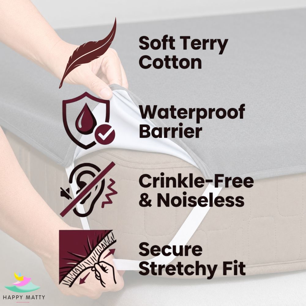 Happy Matty Grey Elastic Waterproof Terry Cotton Mattress Protector with Soft Terry Cotton, Waterproof Barrier, Noiseless Design and Deep Elastic Fit