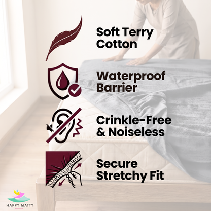 Happy Matty Grey Waterproof Terry Cotton Mattress Protector with Soft Terry Cotton, Waterproof Barrier, Noiseless Design and Secure Stretch Fit