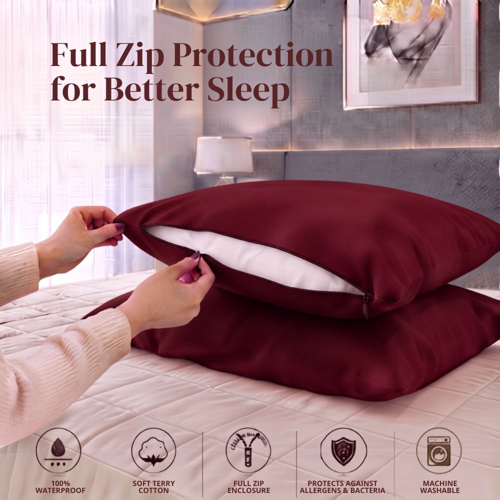 A burgundy full zip pillow cover shown on a bed, with a person's hands demonstrating the zipper. The image includes marketing text 'Full Zip Protection for Better Sleep' and feature icons at the bottom.