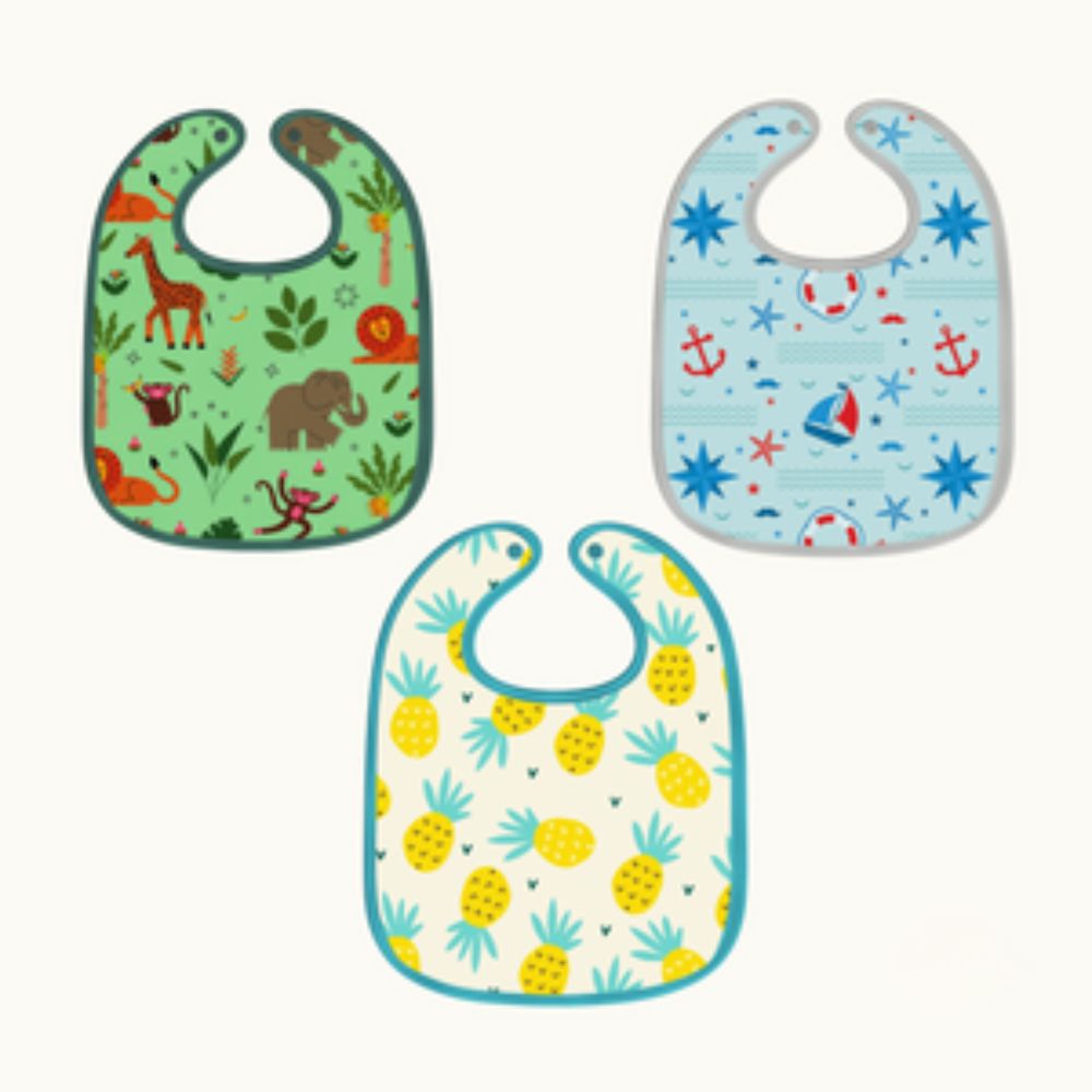 Jungle Print, Nautical Print & Pineapple Prints Bibs Large (Pack of 3)