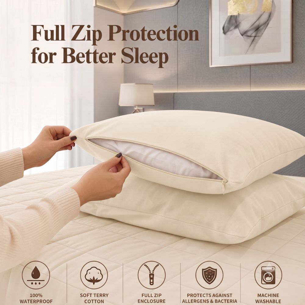 A close-up of a person's hands opening a cream-colored pillow with a full zip closure, showing the white insert inside. The background shows a bed with a matching quilt in a bedroom setting.