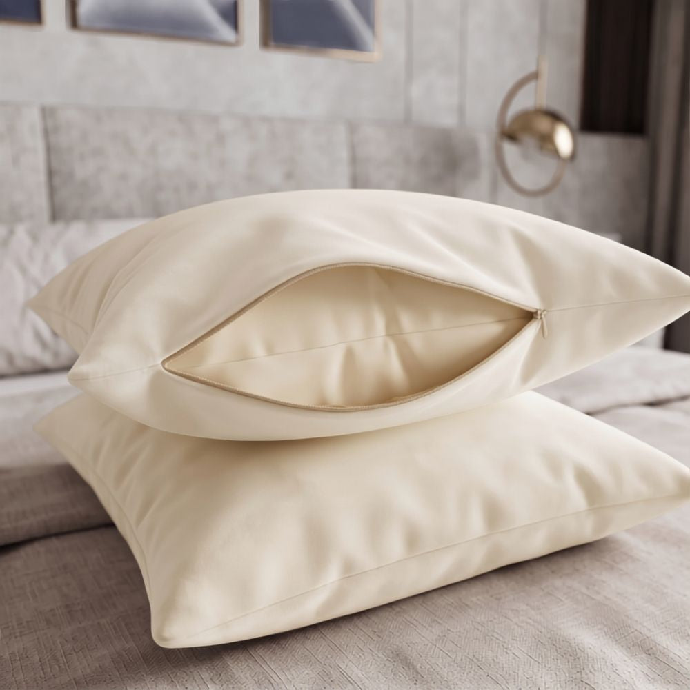 Two cream-colored pillowcases stacked on a bed, with the top one slightly open to show the interior lining.