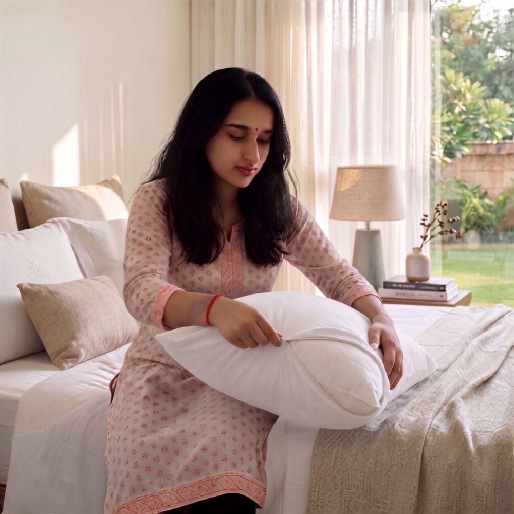 A woman in a light pink patterned kurta sits on a bed holding a white pillow in a bright, modern bedroom.