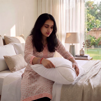 A woman in a light pink patterned kurta sits on a bed holding a white pillow in a bright, modern bedroom.