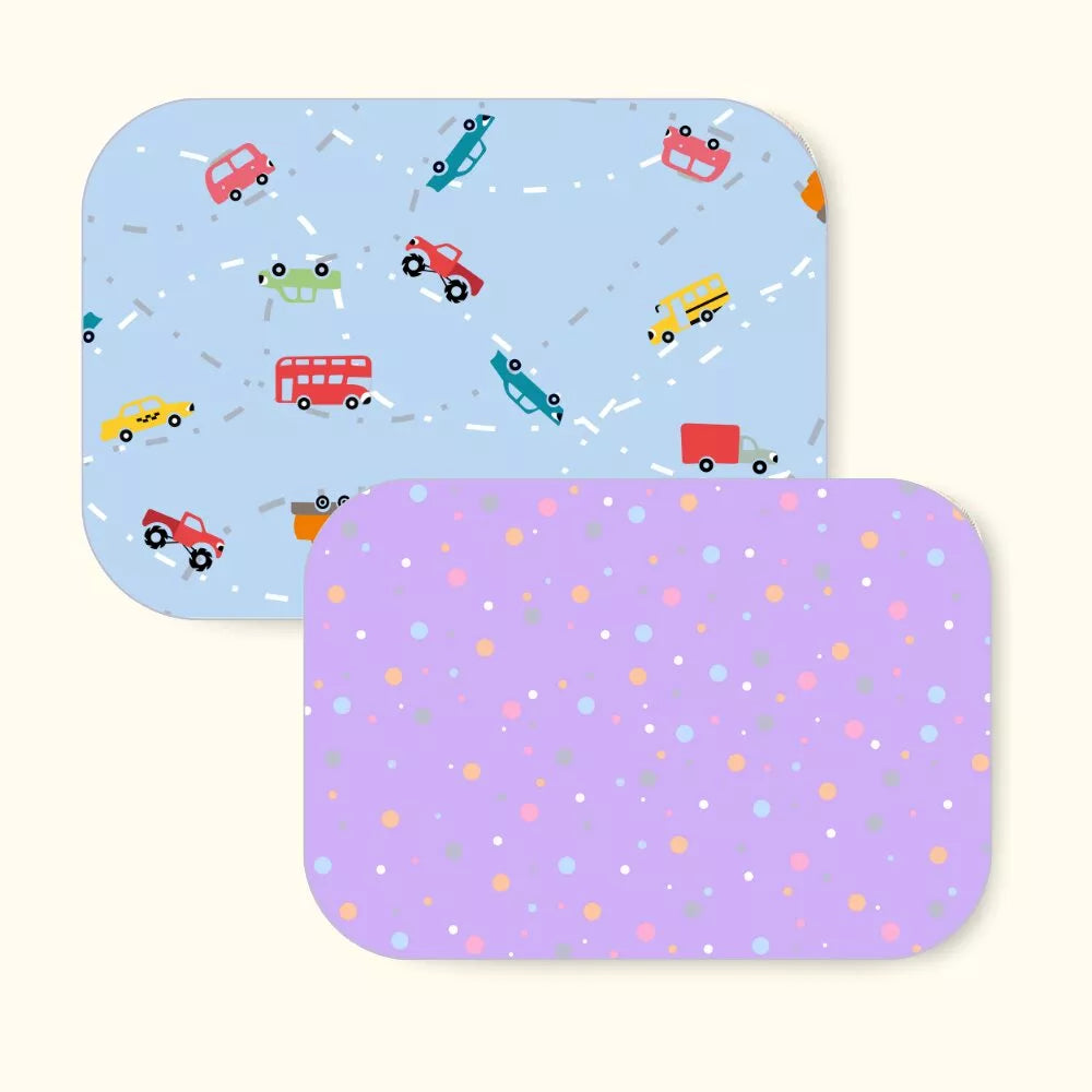 Car + Polka Dots baby dry sheet combo pack, both waterproof mats laid side by side